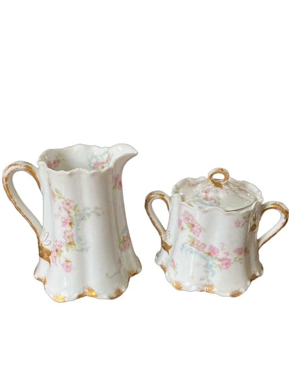 Antique H&C France Cream/Sugar Set Limoges China Pink Floral Gold Trim OS